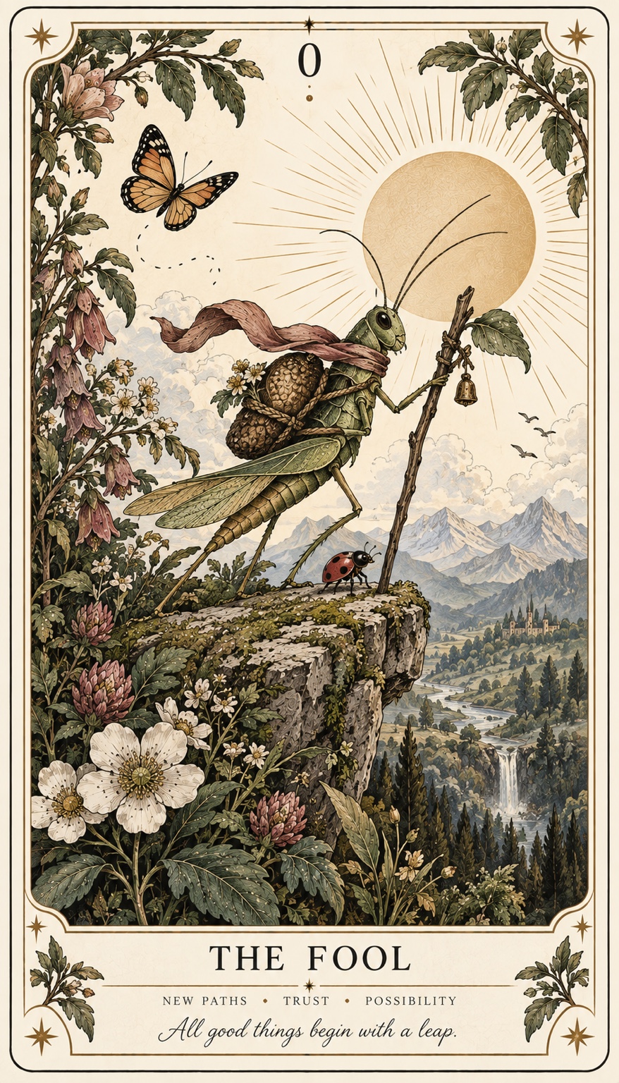 The Fool, a grasshopper beginning a journey