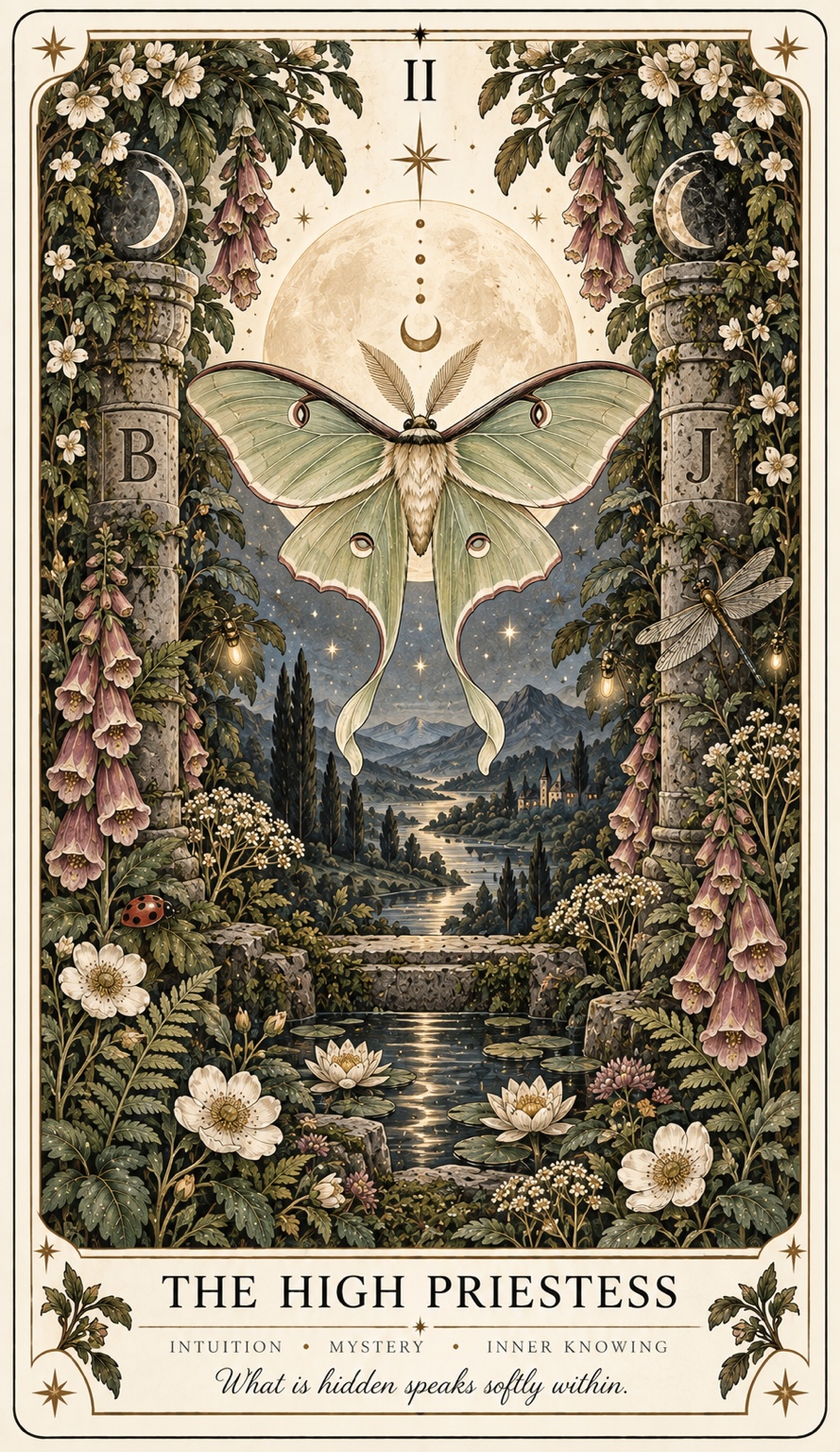 The High Priestess as a luna moth under the moon